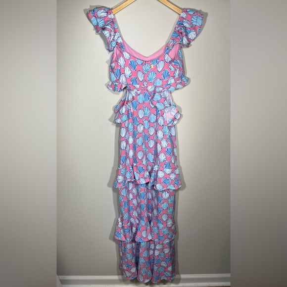 NEW Simply Southern Pink & Blue Seashell Maxi Dress W/ Side Cut Outs & Ruffles - Picture 9 of 15